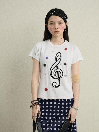 Achihara Music Button Embroidered Tee V Neck T Shirt Long Sleeve