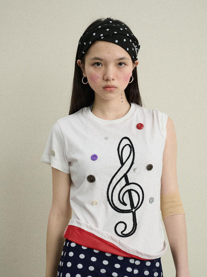 Achihara Music Button Embroidered Tee V Neck T Shirt Long Sleeve