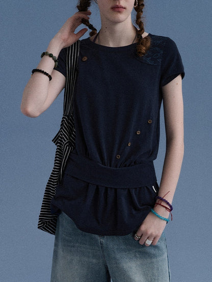 Achihara_Navy_Asymmetric_Button_Split_Print_Relaxed_Women&