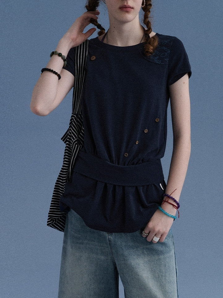 Achihara_Navy_Asymmetric_Button_Split_Print_Relaxed_Women&