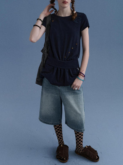 Achihara Navy Asymmetric Button Split Print Relaxed Women&