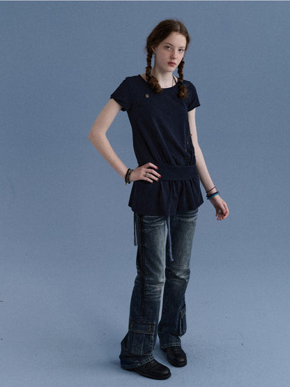 Achihara Navy Asymmetric Button Split Print Relaxed Women&