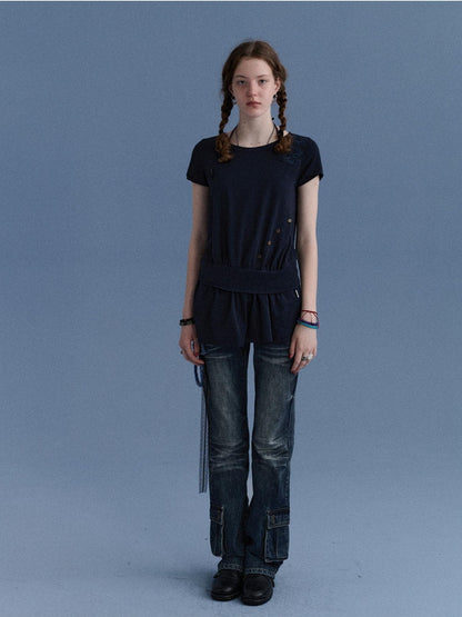 Achihara Navy Asymmetric Button Split Print Relaxed Women&