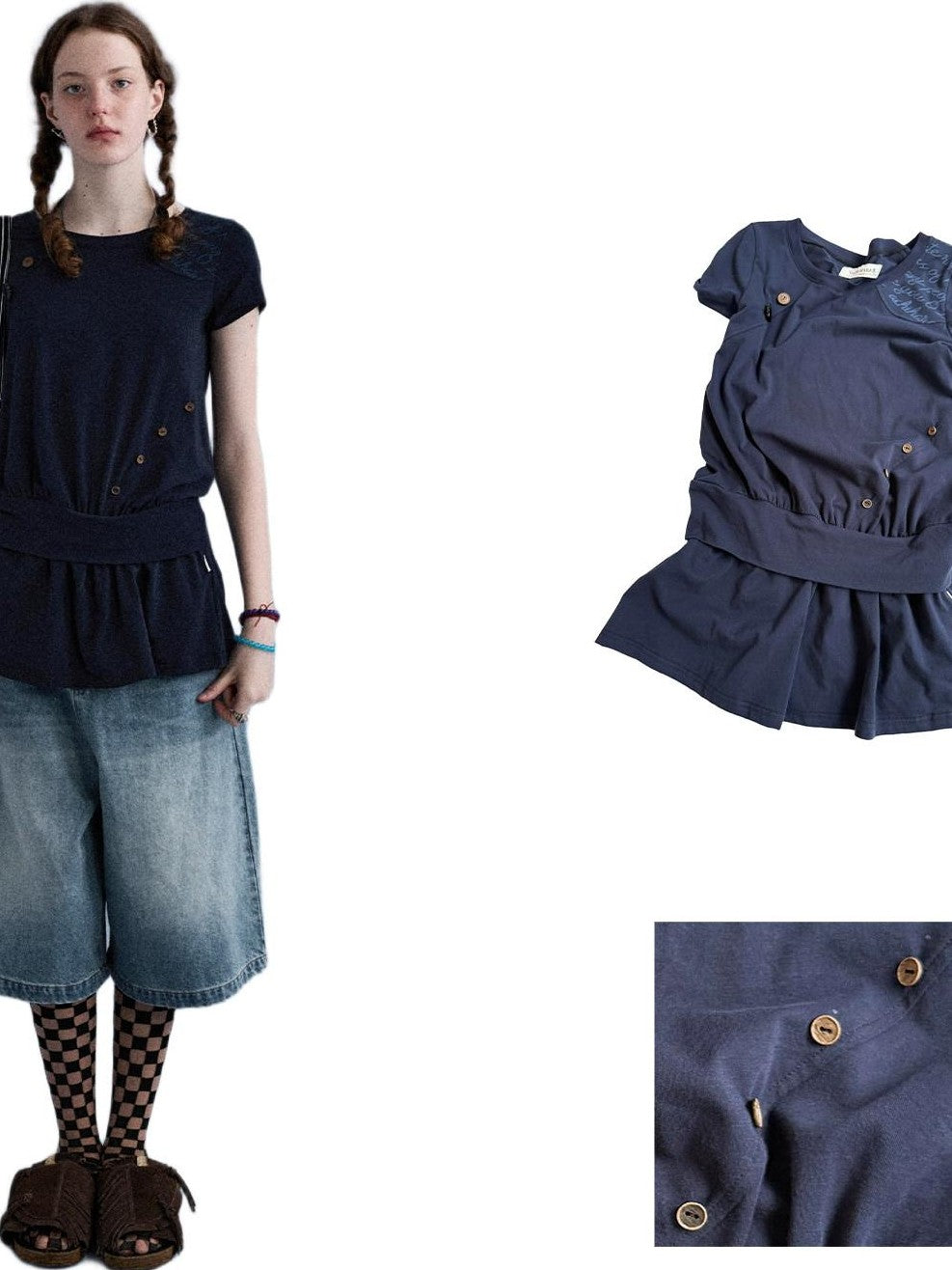 Achihara Navy Asymmetric Button Split Print Relaxed Women&