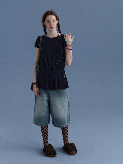 Achihara Navy Asymmetric Button Split Print Relaxed Women&