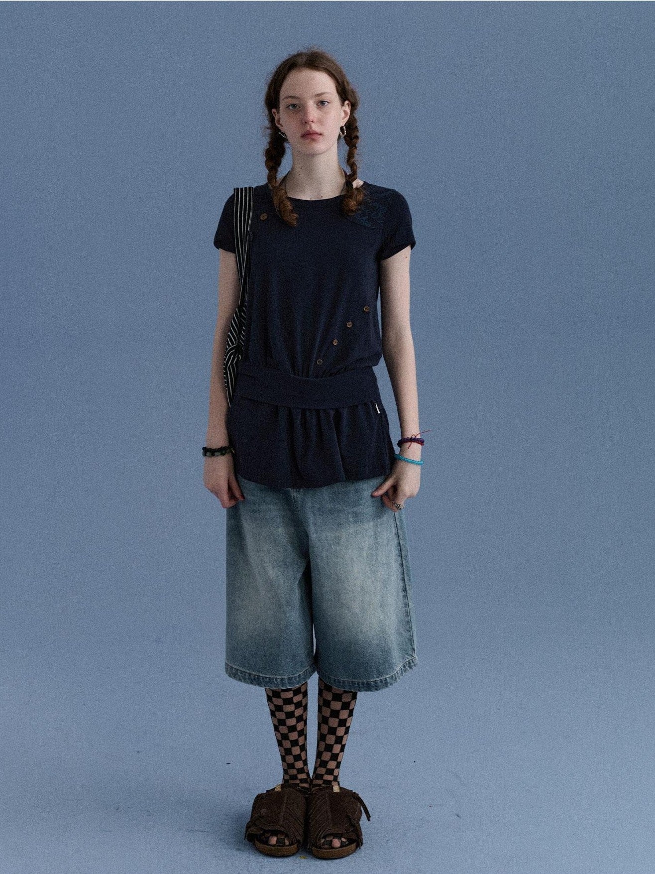 Achihara Navy Asymmetric Button Split Print Relaxed Women&