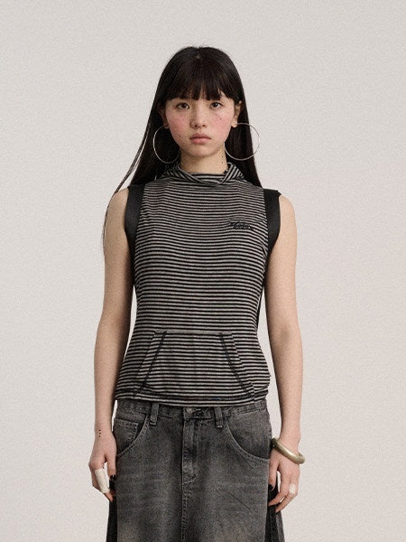 Achihara No Padding Soft Stretch Cotton Spandex Mock Neck Cropped Striped Women Tank Tops