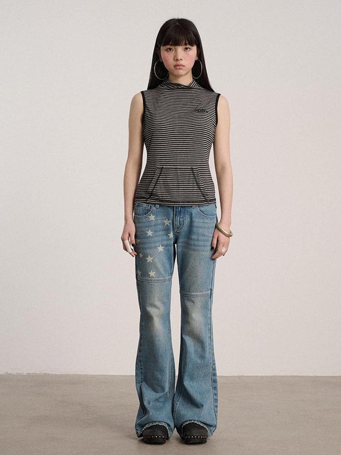 Achihara No Padding Soft Stretch Cotton Spandex Mock Neck Cropped Striped Women Tank Tops