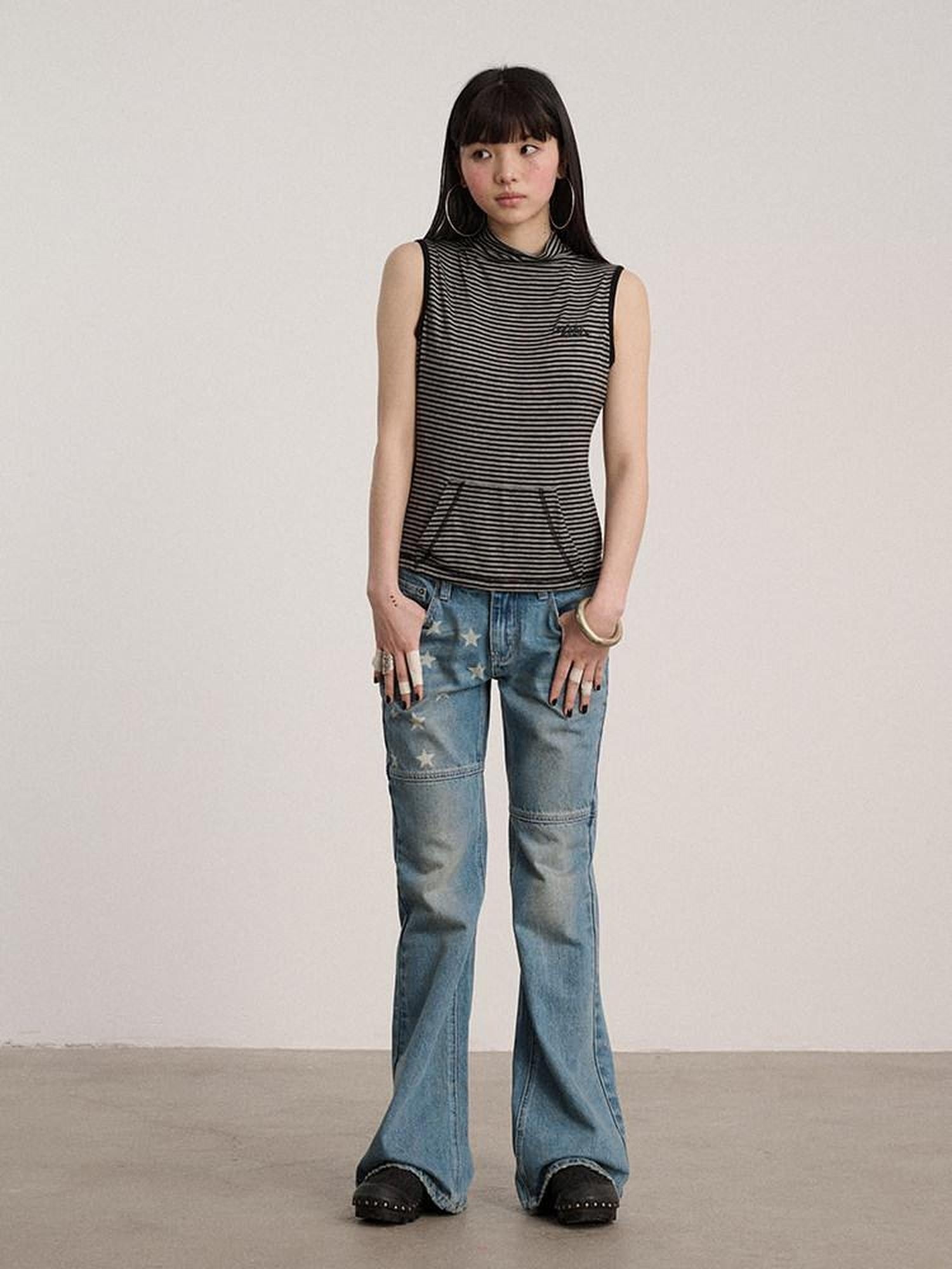 Achihara No Padding Soft Stretch Cotton Spandex Mock Neck Cropped Striped Women Tank Tops