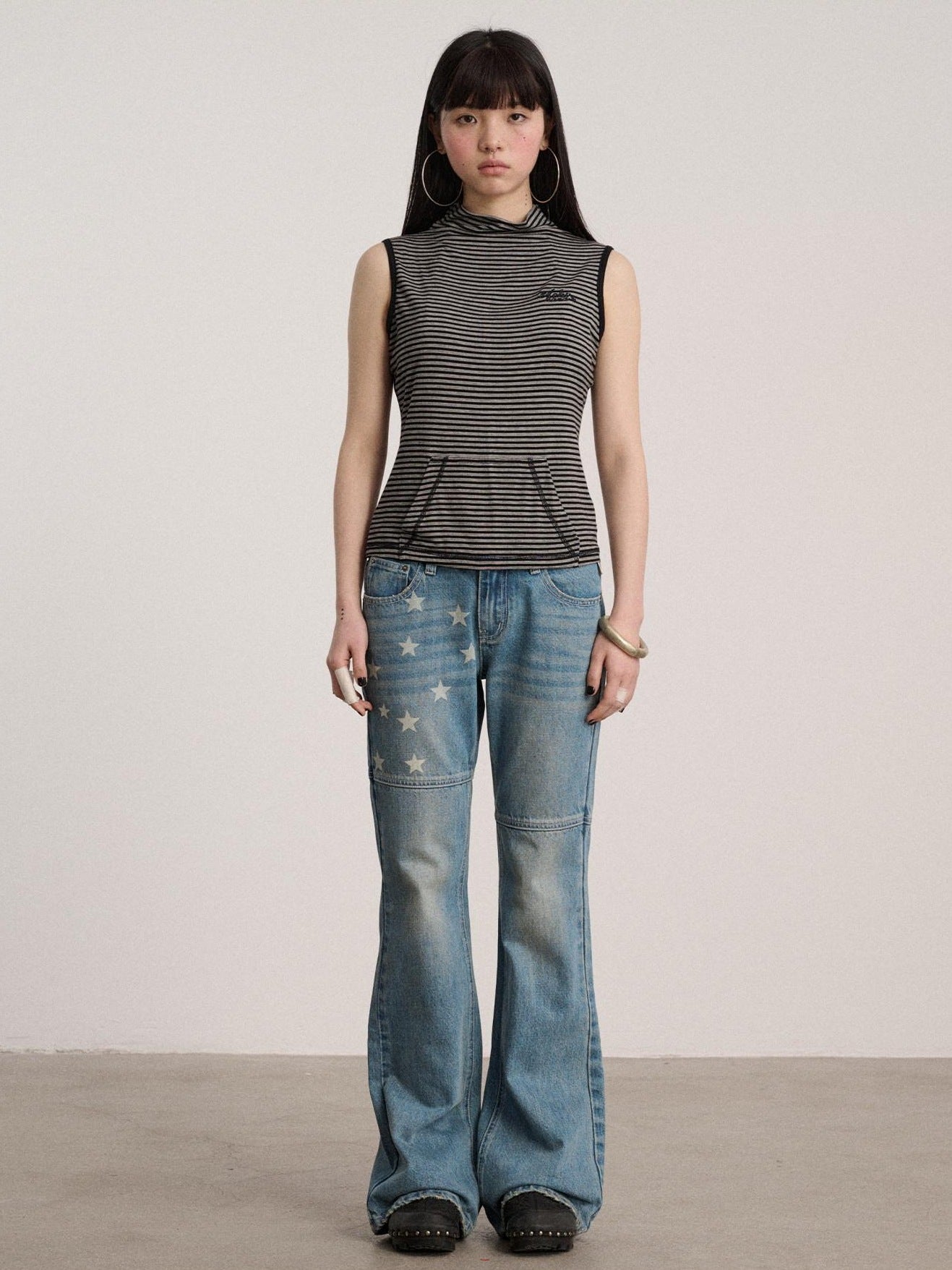 Achihara No Padding Soft Stretch Cotton Spandex Mock Neck Cropped Striped Women Tank Tops