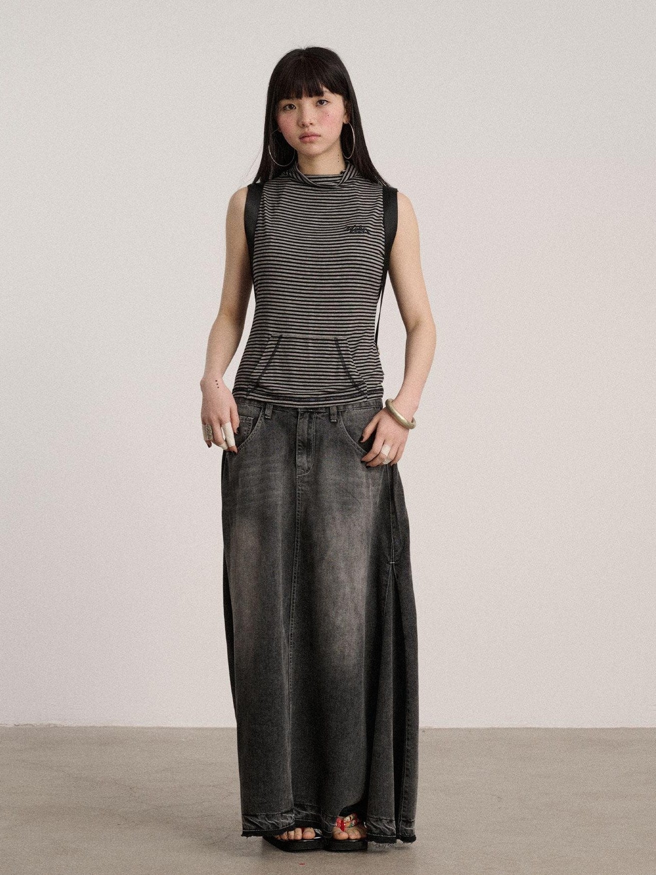 Achihara No Padding Soft Stretch Cotton Spandex Mock Neck Cropped Striped Women Tank Tops