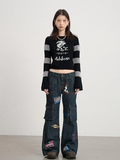 Oil Seahorse Colorblock Knit Sweater V-neck T-shirt Long-Sleeve