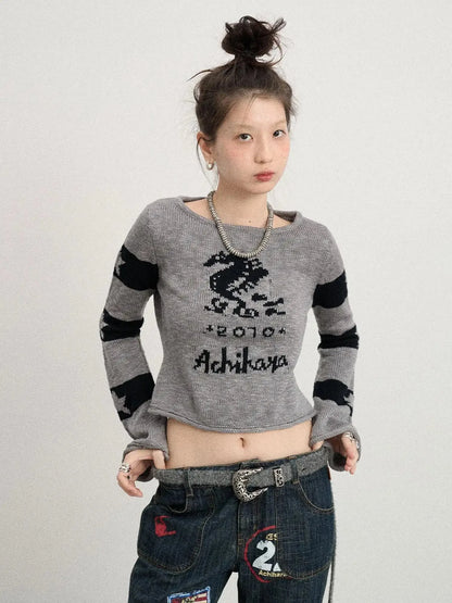 Oil Seahorse Colorblock Knit Sweater V-neck T-shirt Long-Sleeve