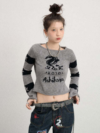 Achihara Oil Seahorse Colorblock Knit Sweater V-neck T-shirt Long-Sleeve
