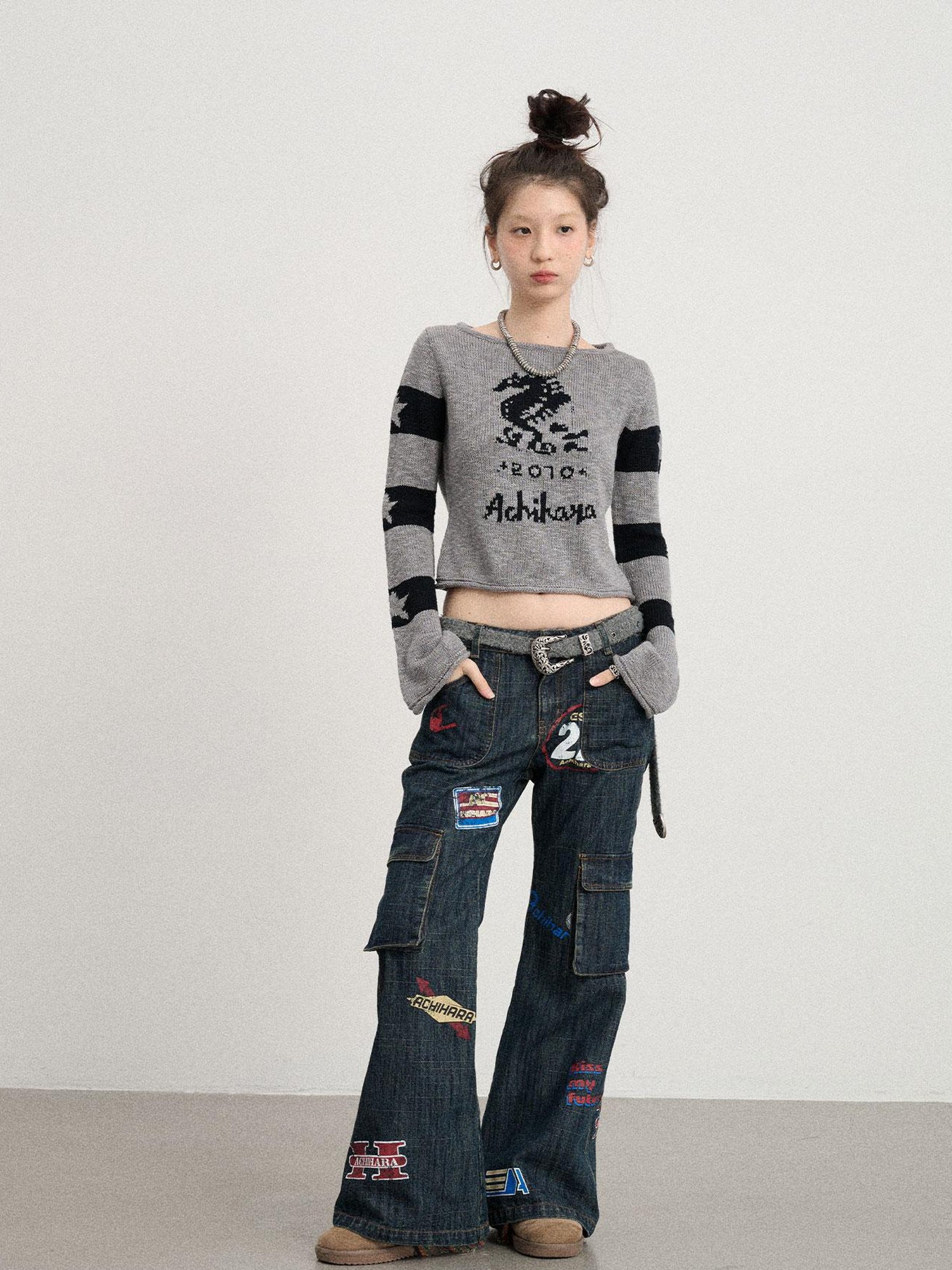 Achihara Oil Seahorse Colorblock Knit Sweater V-neck T-shirt Long-Sleeve