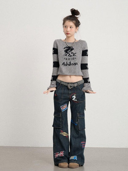 Achihara Oil Seahorse Colorblock Knit Sweater V-neck T-shirt Long-Sleeve