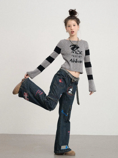 Oil Seahorse Colorblock Knit Sweater V-neck T-shirt Long-Sleeve