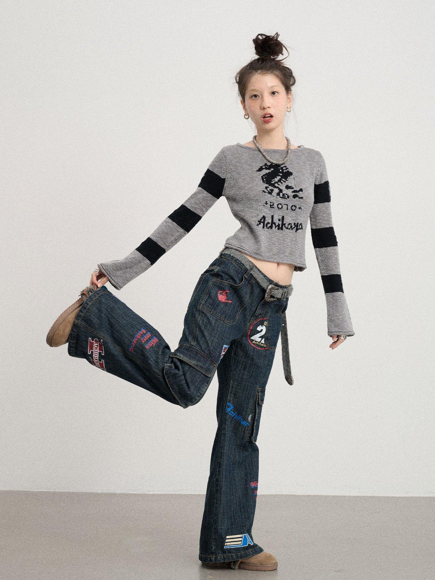 Achihara Oil Seahorse Colorblock Knit Sweater V-neck T-shirt Long-Sleeve