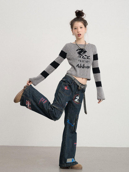 Achihara Oil Seahorse Colorblock Knit Sweater V-neck T-shirt Long-Sleeve