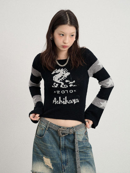 Achihara Oil Seahorse Colorblock Knit Sweater V-neck T-shirt Long-Sleeve