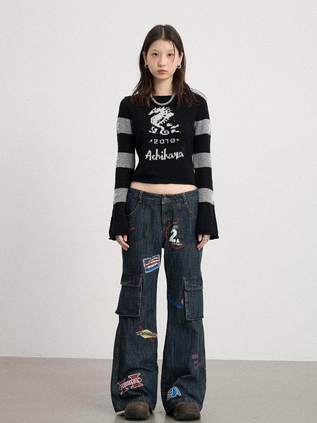 Achihara Oil Seahorse Colorblock Knit Sweater V-neck T-shirt Long-Sleeve