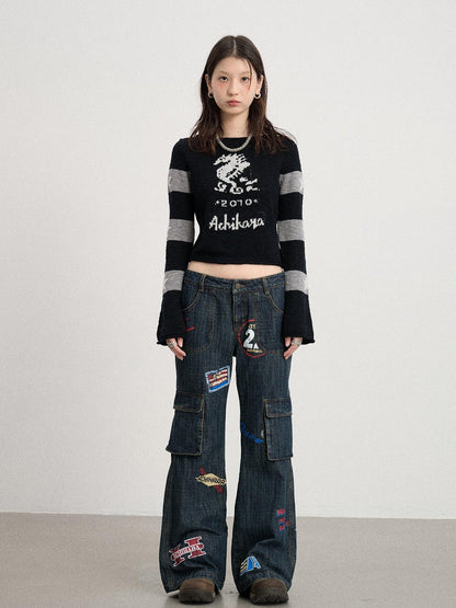 Achihara Oil Seahorse Colorblock Knit Sweater V-neck T-shirt Long-Sleeve