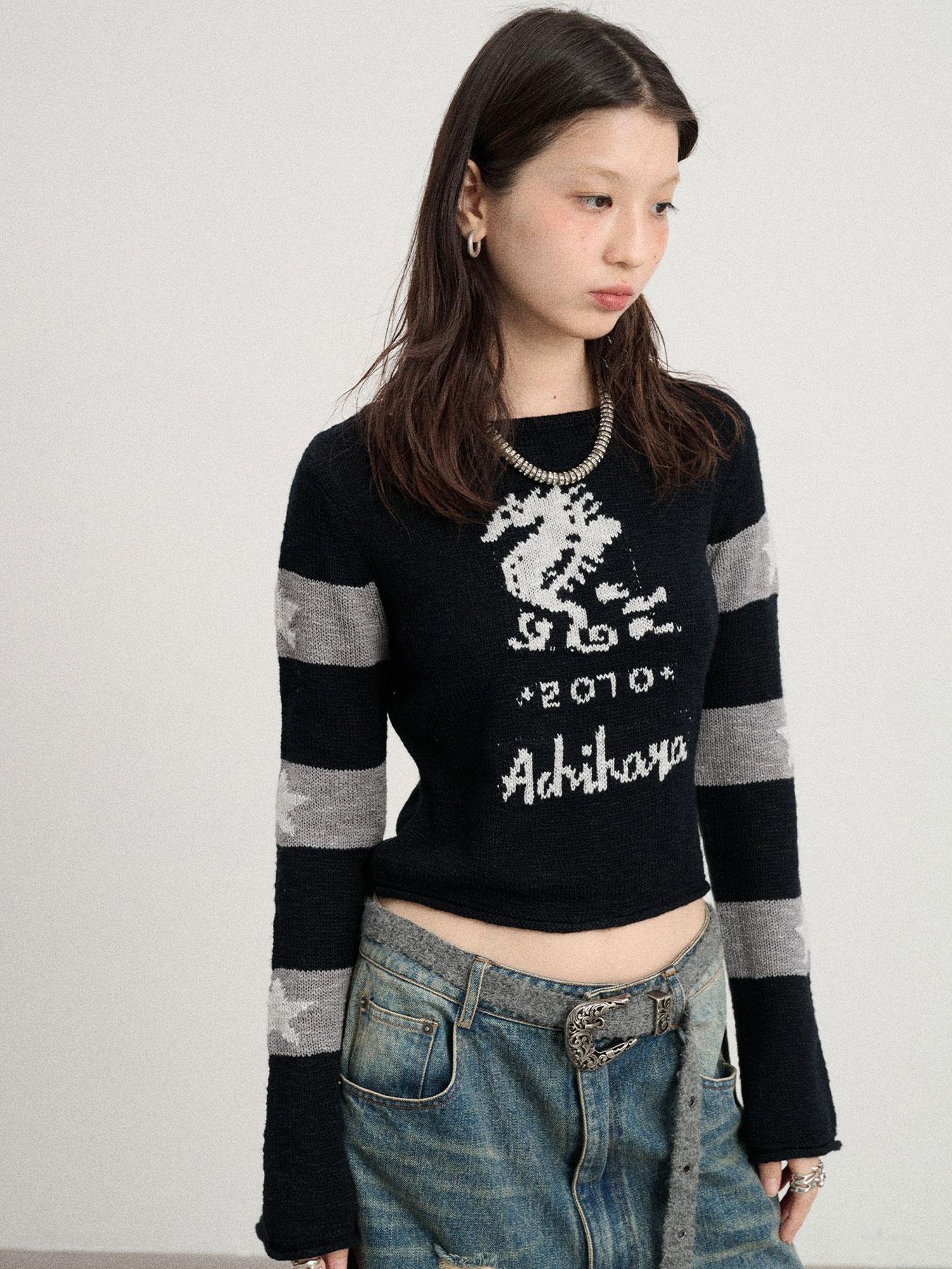 Achihara Oil Seahorse Colorblock Knit Sweater V-neck T-shirt Long-Sleeve