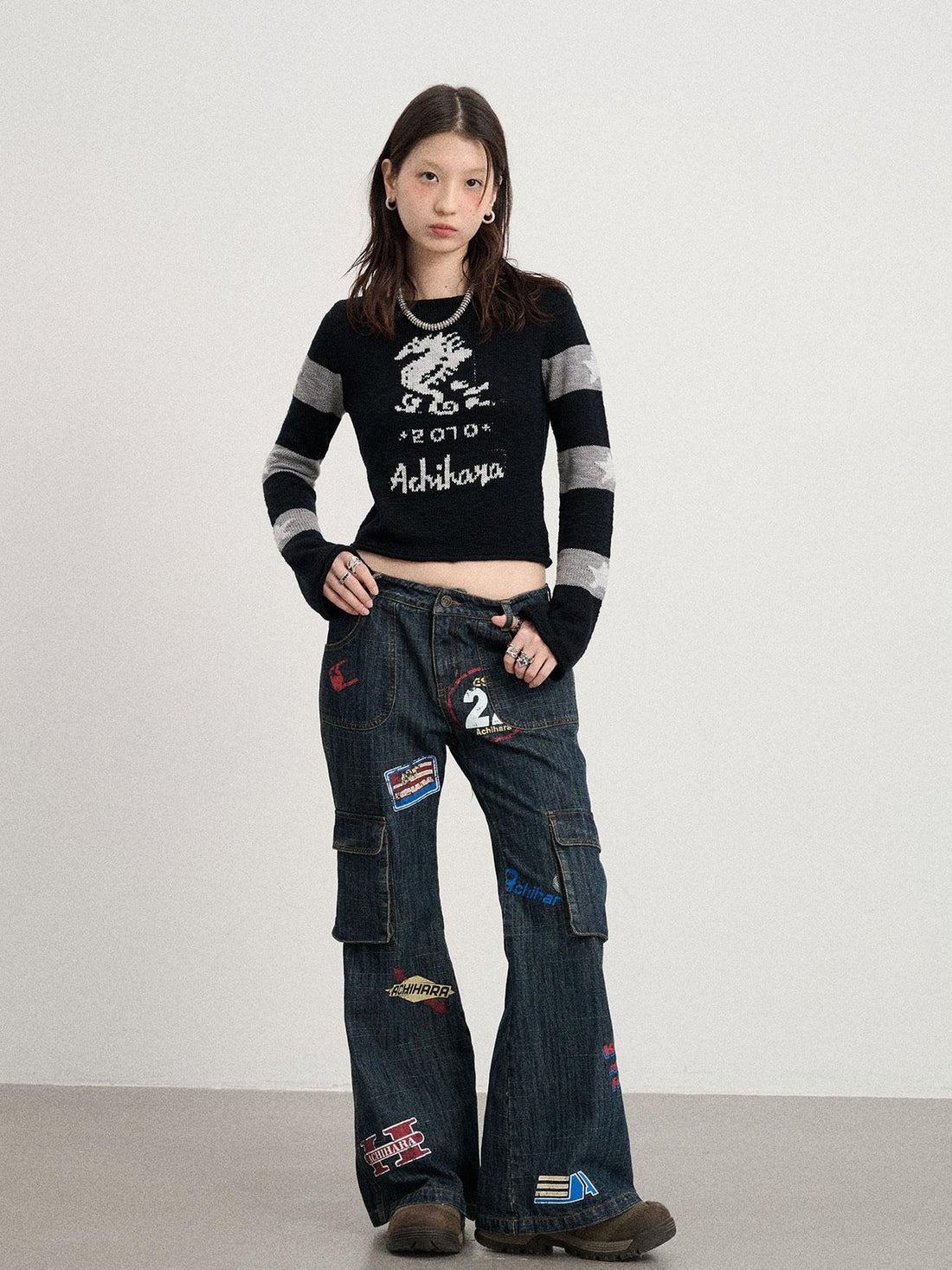 Achihara Oil Seahorse Colorblock Knit Sweater V-neck T-shirt Long-Sleeve