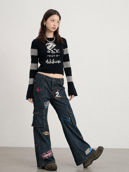 Achihara Oil Seahorse Colorblock Knit Sweater V-neck T-shirt Long-Sleeve