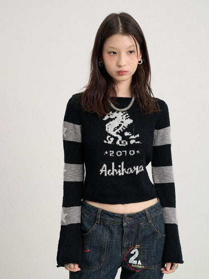 Achihara Oil Seahorse Colorblock Knit Sweater V-neck T-shirt Long-Sleeve