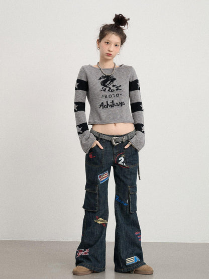 Achihara Oil Seahorse Colorblock Knit Sweater V-neck T-shirt Long-Sleeve