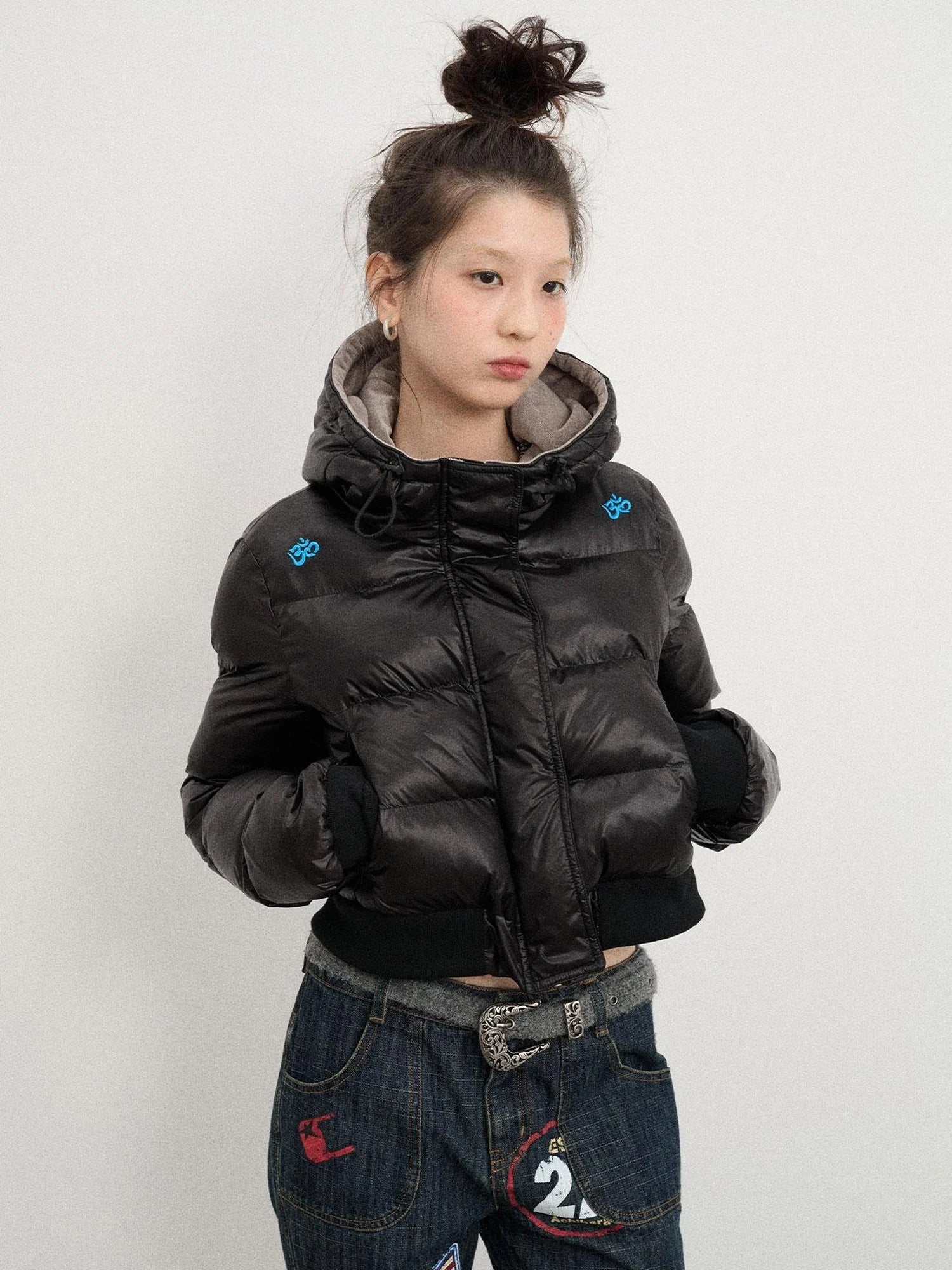Om Embroidered Short Puffer Jacket