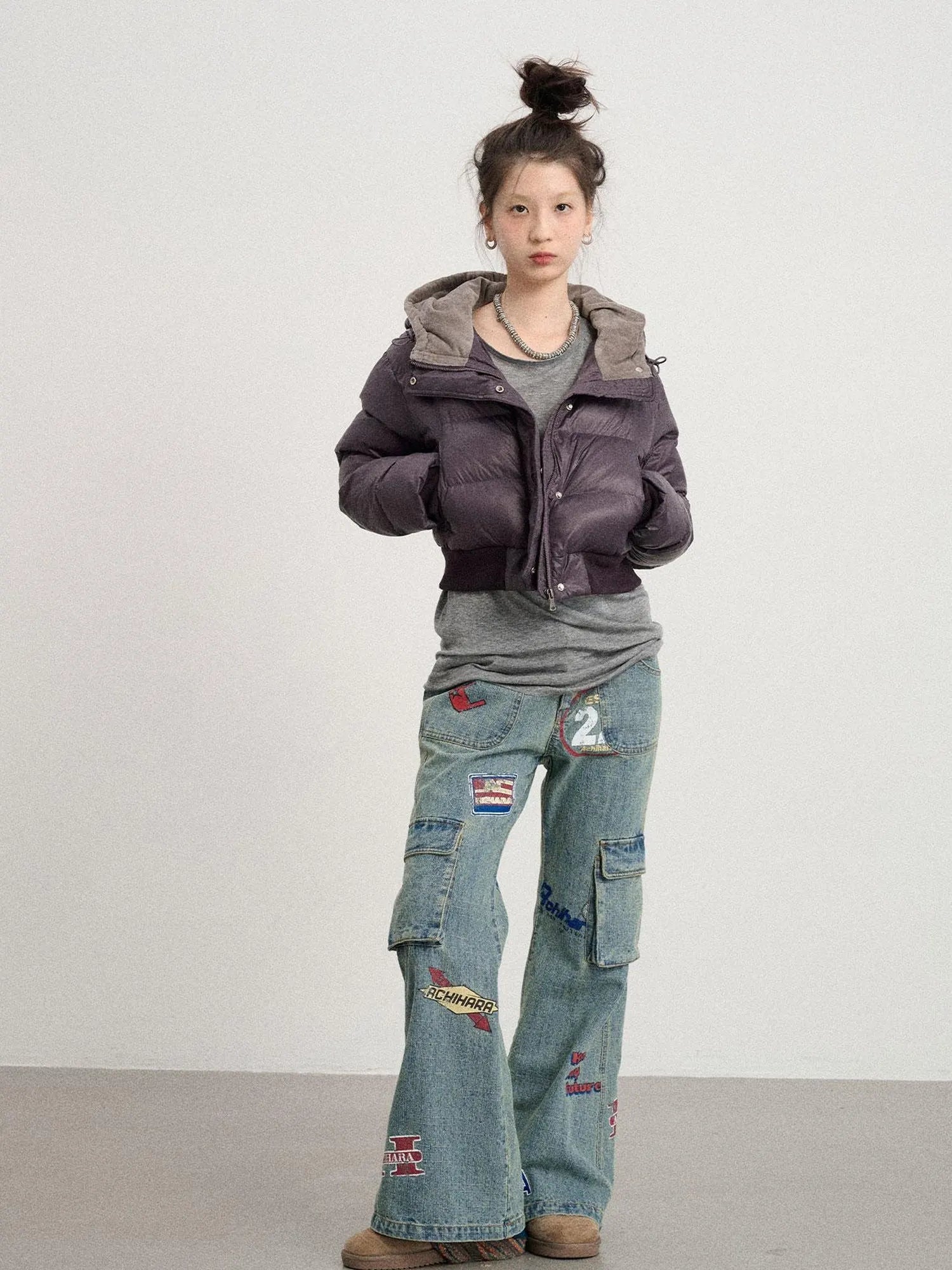 Om Embroidered Short Puffer Jacket