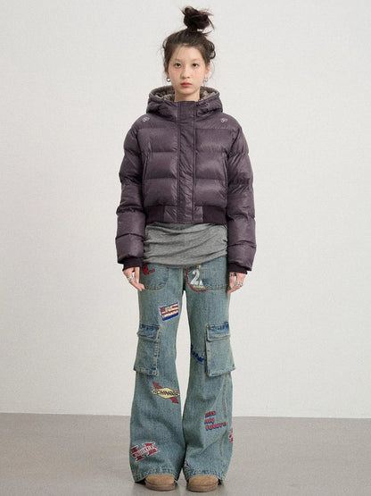 Om Embroidered Short Puffer Jacket