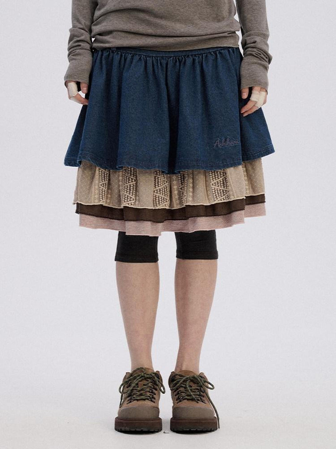 Achihara Patchwork Denim A Line Mid Rise Cotton Casual Women Mini Skirts