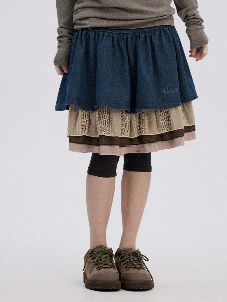 Achihara Patchwork Denim A Line Mid Rise Cotton Casual Women Mini Skirts-1