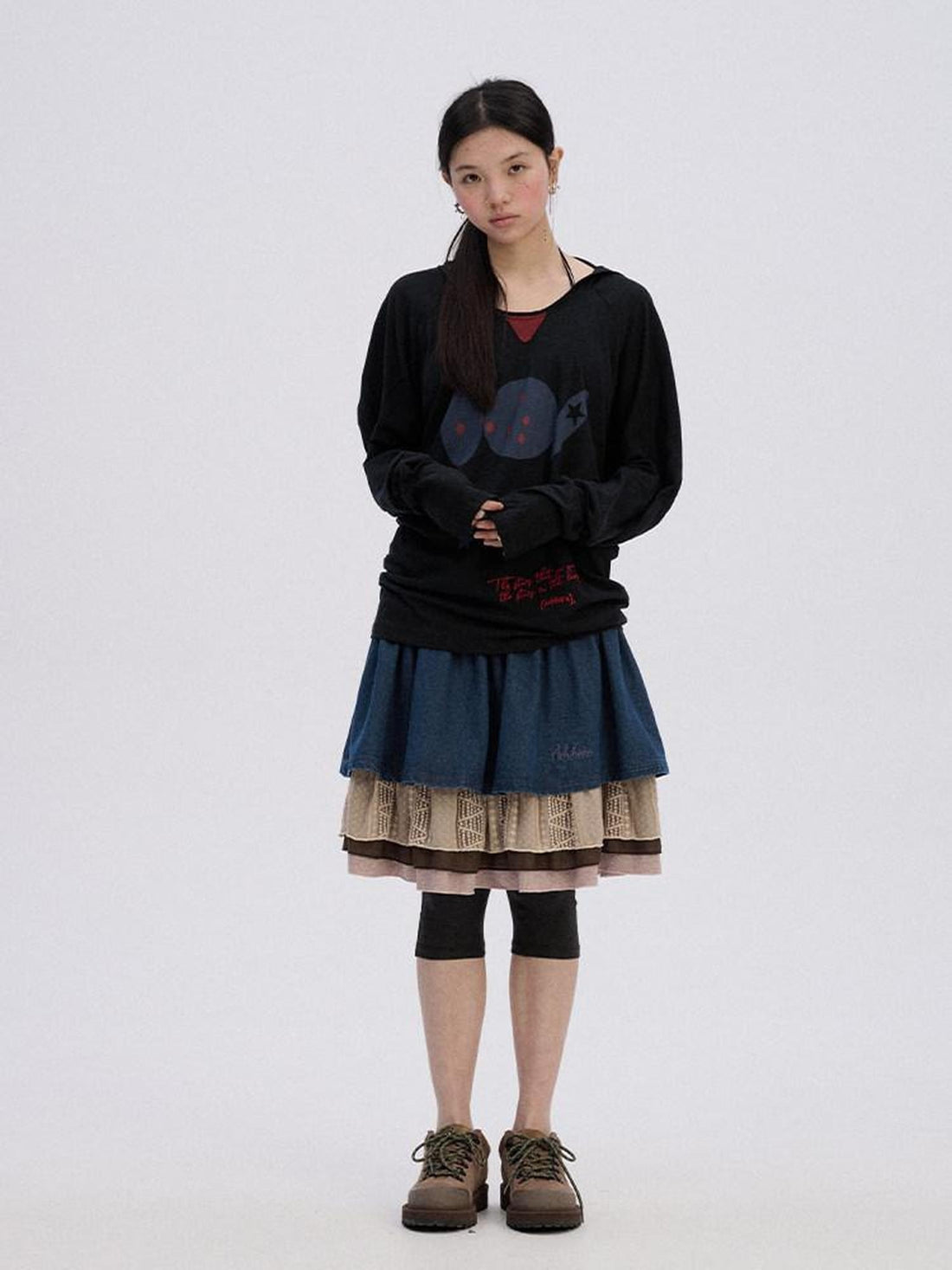 Achihara Patchwork Denim A Line Mid Rise Cotton Casual Women Mini Skirts