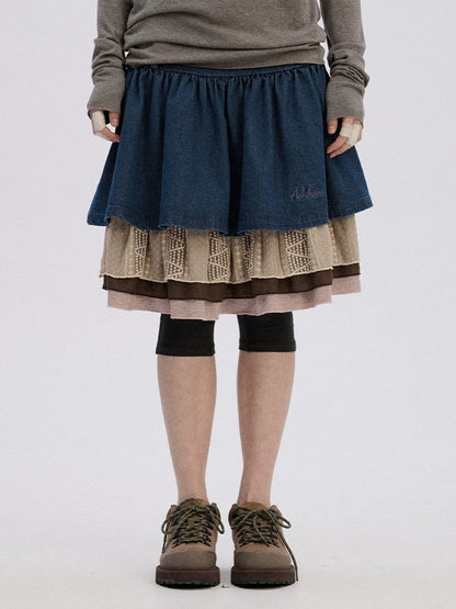 Achihara Patchwork Denim A Line Mid Rise Cotton Casual Women Mini Skirts-2