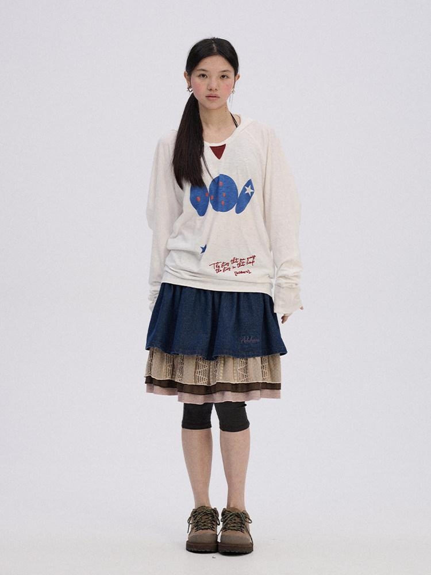 Achihara Patchwork Denim A Line Mid Rise Cotton Casual Women Mini Skirts