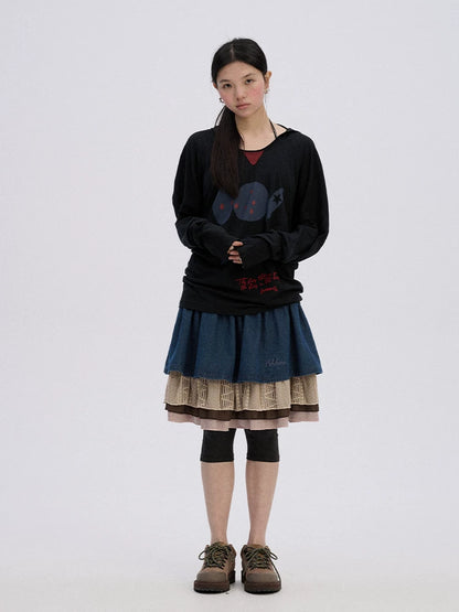 Achihara Patchwork Denim A Line Mid Rise Cotton Casual Women Mini Skirts-3