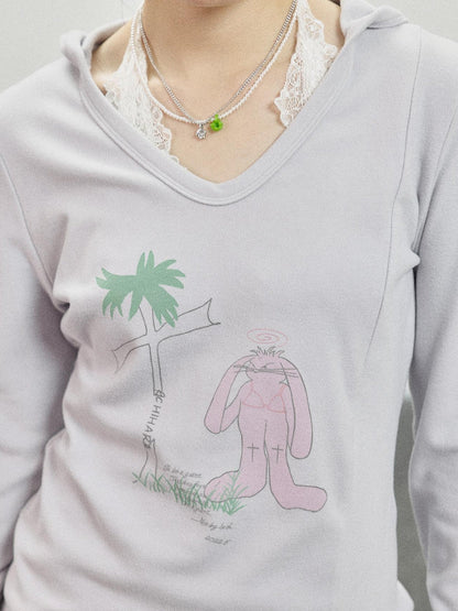 Achihara Peter Rabbit V-Neck Hooded Slim Fit Tee