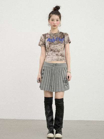 Pinecone Velvet Tee Retro Print Slim Fit Short Sleeve