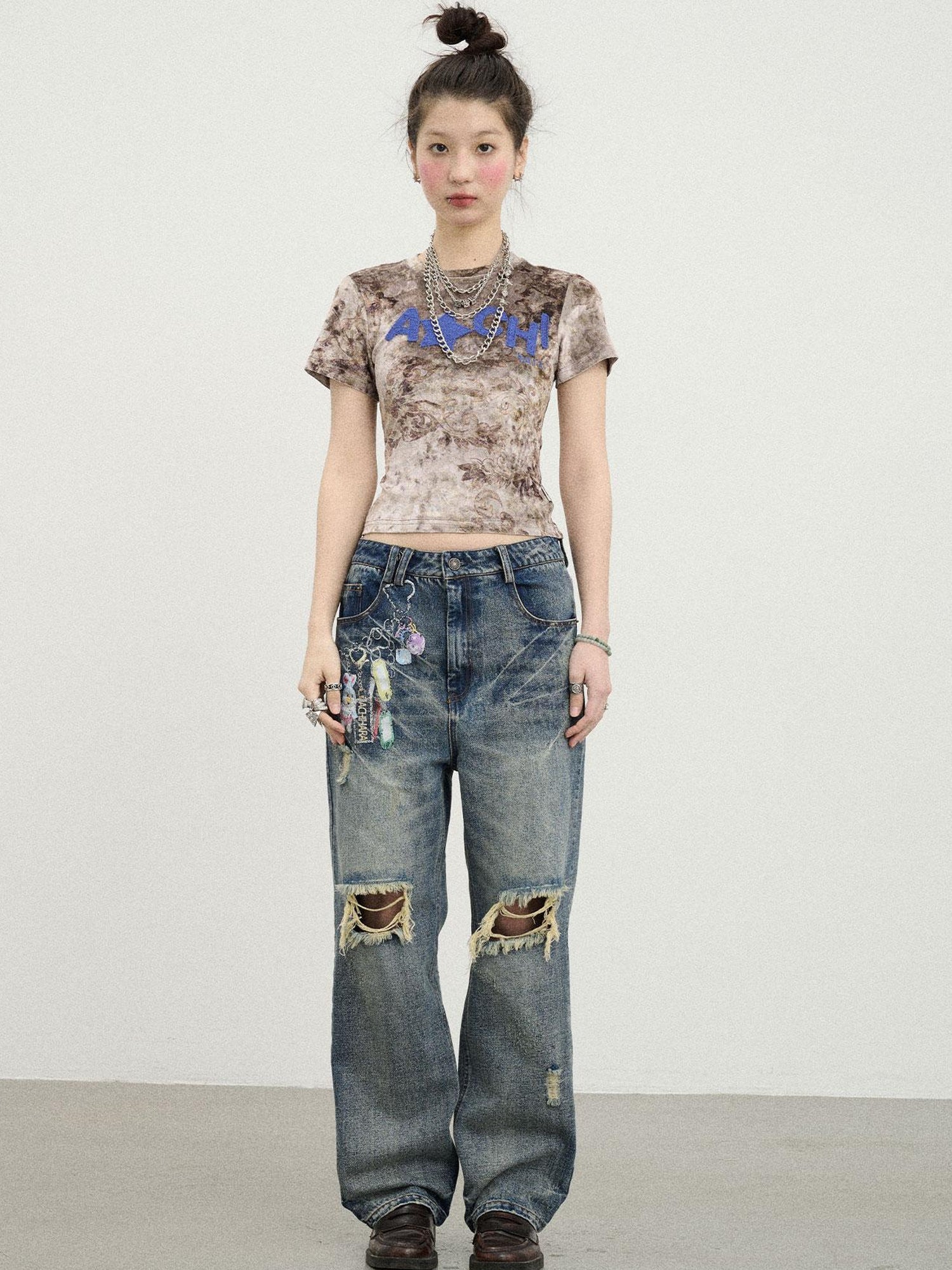 Achihara Pinecone Velvet Tee Retro Print Slim Fit Short Sleeve