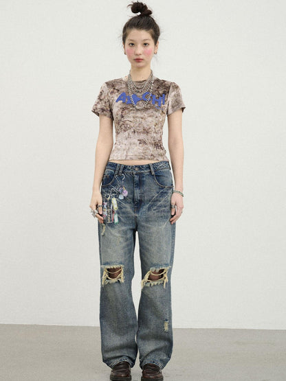 Achihara Pinecone Velvet Tee Retro Print Slim Fit Short Sleeve
