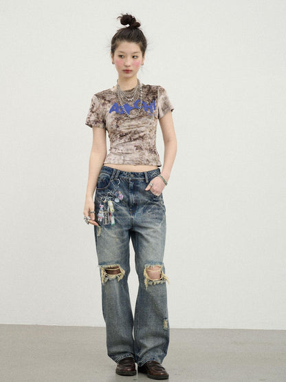 Achihara Pinecone Velvet Tee Retro Print Slim Fit Short Sleeve