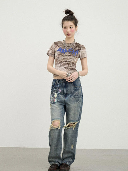 Pinecone Velvet Tee Retro Print Slim Fit Short Sleeve