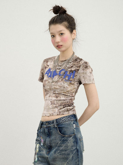 Achihara Pinecone Velvet Tee Retro Print Slim Fit Short Sleeve