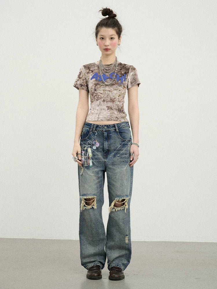 Achihara Pinecone Velvet Tee Retro Print Slim Fit Short Sleeve-3