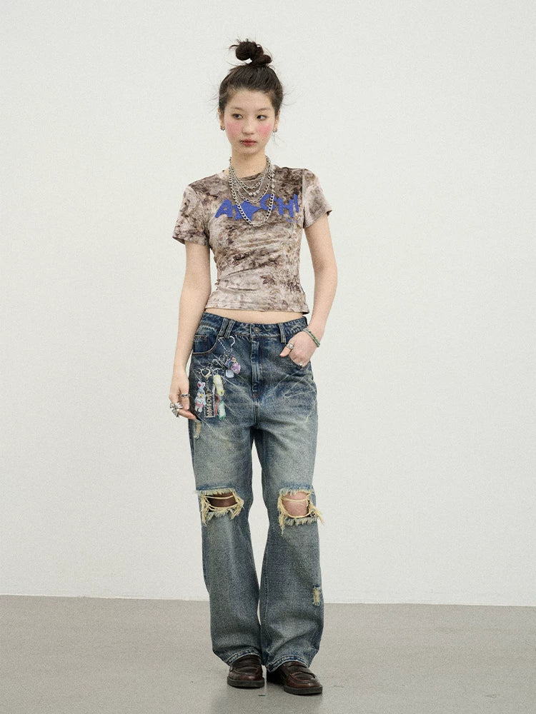 Achihara Pinecone Velvet Tee Retro Print Slim Fit Short Sleeve-5