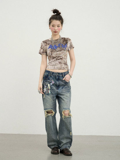 Achihara Pinecone Velvet Tee Retro Print Slim Fit Short Sleeve-5